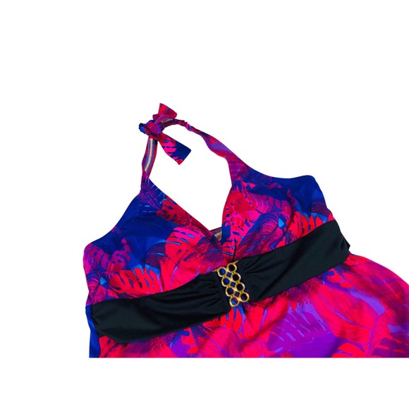 Tankini Top Women 14 Red Leaf Print Halter Swimwear Tropical Bathing NWT 3862  F - Picture 2 of 6